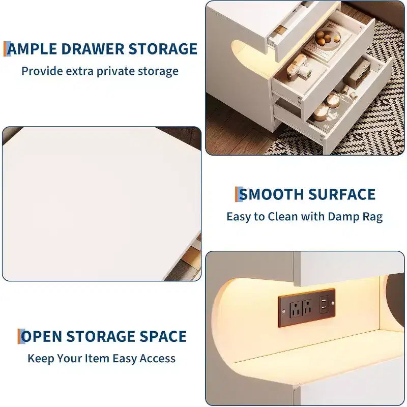 Table de chevet LED intelligente avec contrôle par application | 3 tiroirs et étagère en U | Station de charge USB/CA | Table de chevet moderne blanche pour chambre à coucher