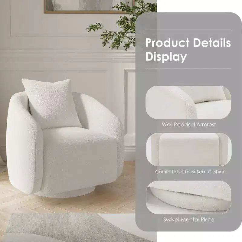 Chaise d'appoint pivotante TUYOHW, fauteuil club rotatif avec coussin de dossier, cadre en bois massif, chaise rembourrée en tissu teddy pour salon, chambre, bureau