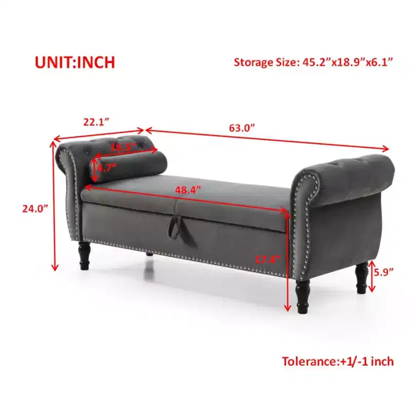 Banc de Rangement TUYOHW 63 avec Boutons Touffetés et Oreiller en Velours, Banc de Lit avec Pieds en Bois, Banc d'Entrée pour Salon, Chambre à Coucher