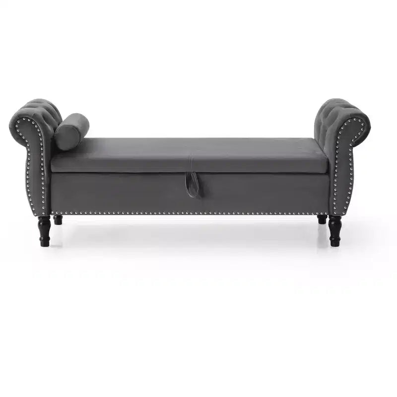 Banc de Rangement TUYOHW 63 avec Boutons Touffetés et Oreiller en Velours, Banc de Lit avec Pieds en Bois, Banc d'Entrée pour Salon, Chambre à Coucher