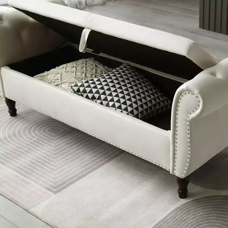 Banc de Rangement TUYOHW 63 avec Boutons Touffetés et Oreiller en Velours, Banc de Lit avec Pieds en Bois, Banc d'Entrée pour Salon, Chambre à Coucher