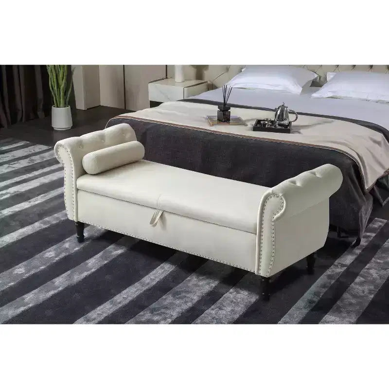 Banc de Rangement TUYOHW 63 avec Boutons Touffetés et Oreiller en Velours, Banc de Lit avec Pieds en Bois, Banc d'Entrée pour Salon, Chambre à Coucher