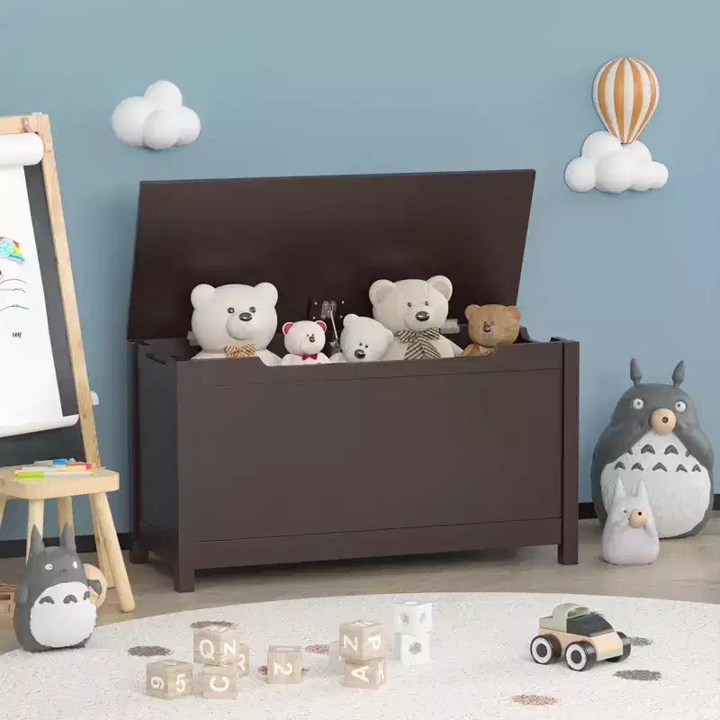 Coffre à jouets en bois pour enfants avec couvercle à charnière sécurisé, pour les 2 ans et plus (café)