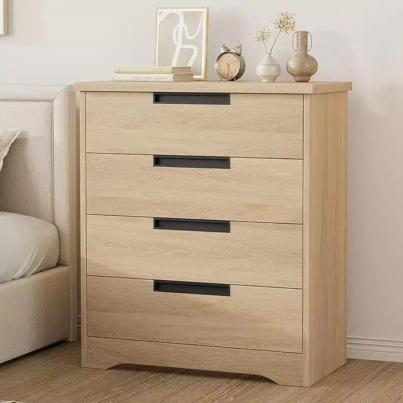 4 Drawer Dresser for Bedroom, Natural Chest of Drawers with Embedded Handles Design, Wooden Dresser Organizer for Living Room, Nursery, Entryway