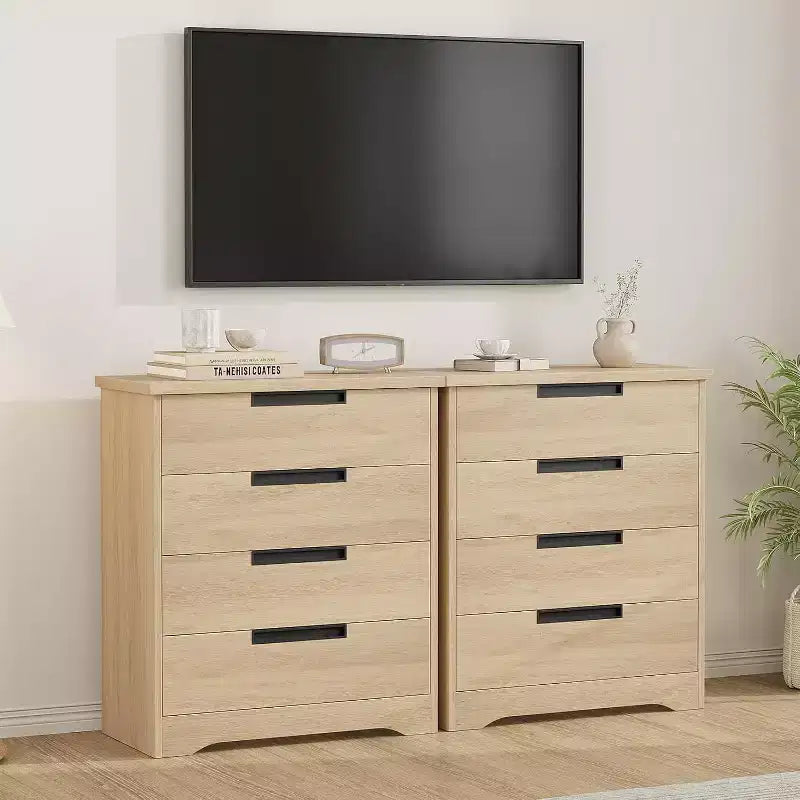 Commode à 4 tiroirs pour chambre à coucher, commode naturelle avec poignées encastrées, organisateur de commode en bois pour salon, chambre d'enfant, entrée