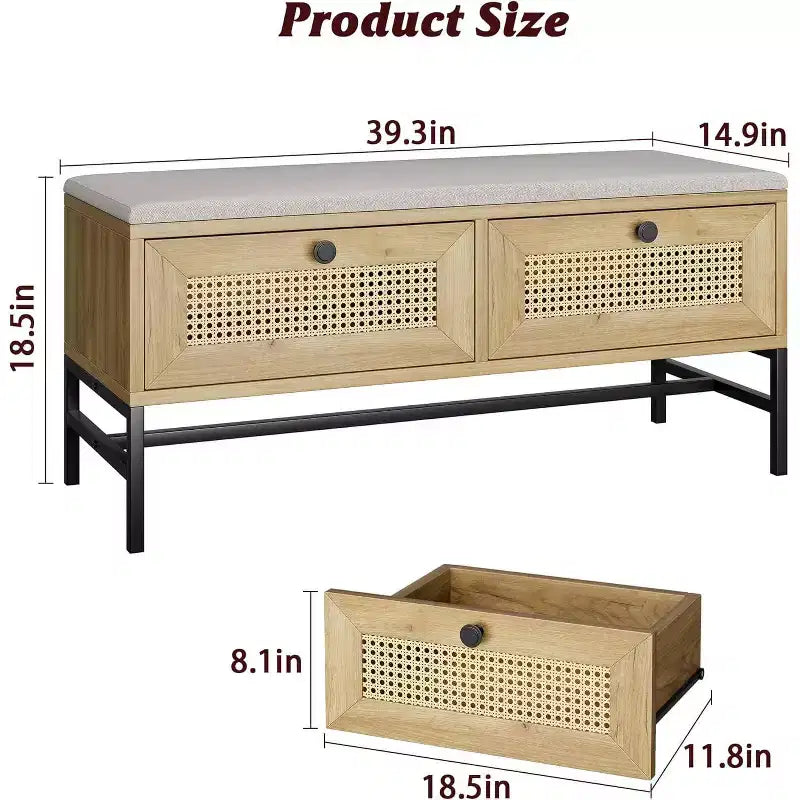 Banc de rangement en rotin avec coussin, banc à chaussures à 2 tiroirs pour entrée, couloir ou chambre à coucher, finition chêne naturel