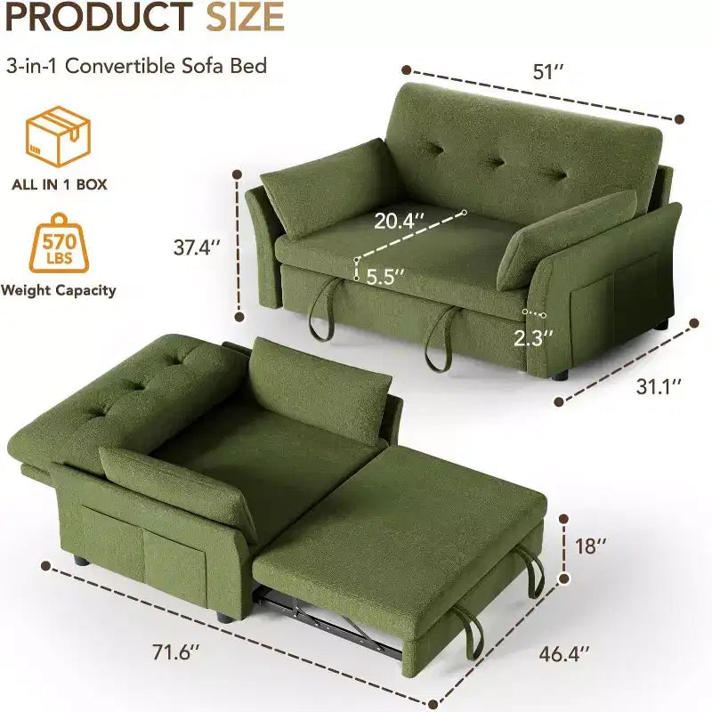 Canapé convertible Dyonery avec lit gigogne, canapé-lit convertible 3-en-1 en chenille, dossier inclinable et pochette latérale, assemblage sans outils