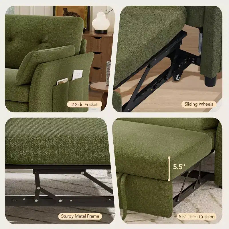 Canapé convertible Dyonery avec lit gigogne, canapé-lit convertible 3-en-1 en chenille, dossier inclinable et pochette latérale, assemblage sans outils