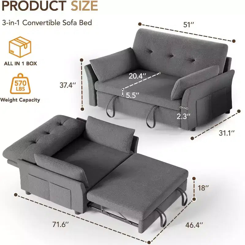 Canapé convertible Dyonery avec lit gigogne, canapé-lit convertible 3-en-1 en chenille, dossier inclinable et pochette latérale, assemblage sans outils