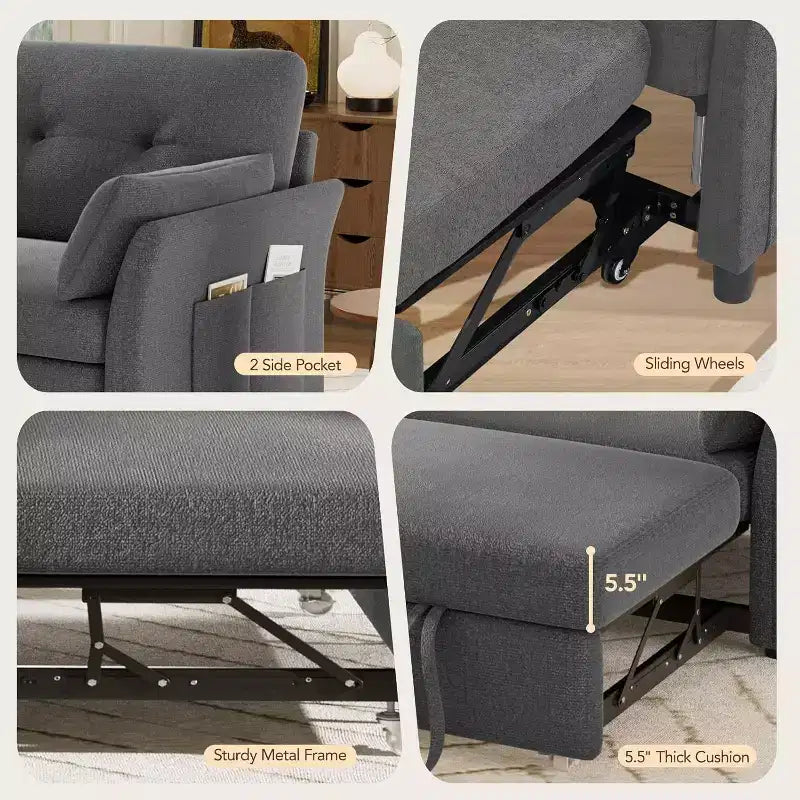 Canapé convertible Dyonery avec lit gigogne, canapé-lit convertible 3-en-1 en chenille, dossier inclinable et pochette latérale, assemblage sans outils