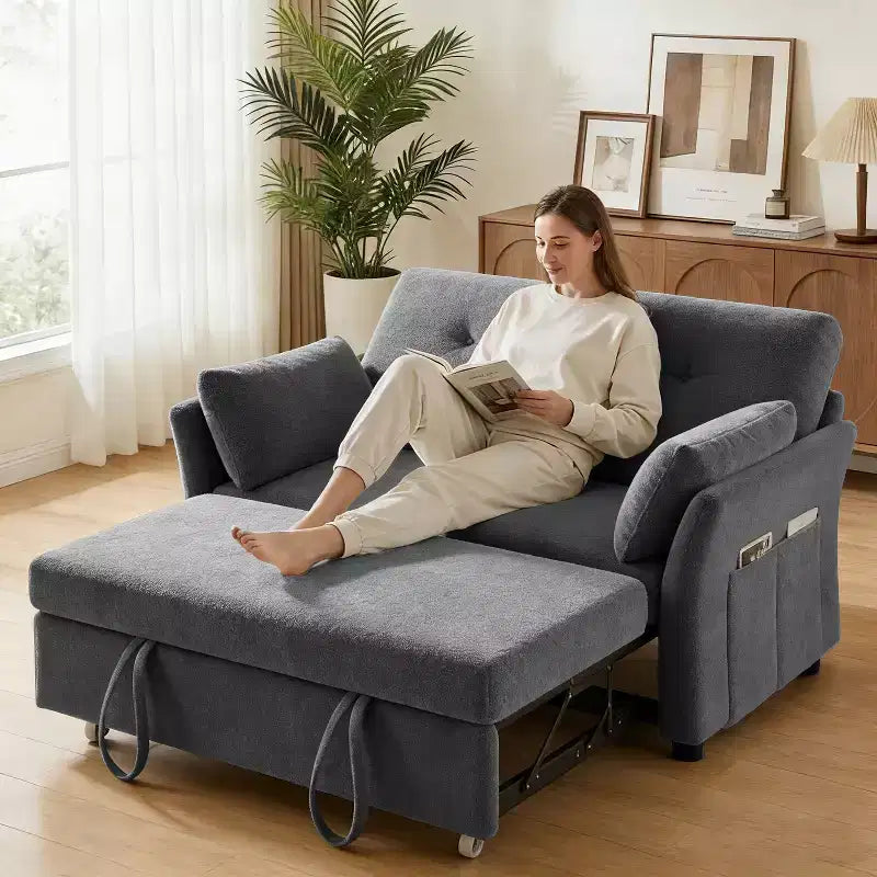 Canapé convertible Dyonery avec lit gigogne, canapé-lit convertible 3-en-1 en chenille, dossier inclinable et pochette latérale, assemblage sans outils