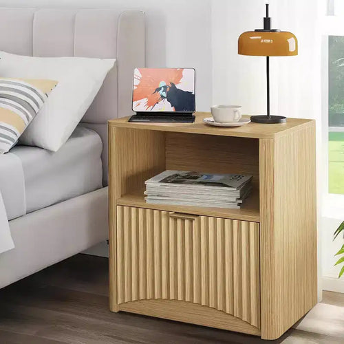 Acekool Fluted Nightstand with Drawer and Open Storage, Mid Century Modern Wooden Bedside Table
