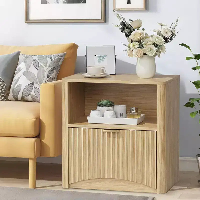 Table de chevet Acekool cannelée avec tiroir et rangement ouvert, table de chevet en bois de style Mid-Century