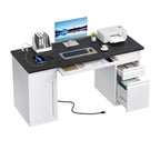 Bureau d'ordinateur de 57 pouces avec classeur, plateau de clavier, bureau d'ordinateur noir et blanc en acier avec 5 tiroirs, bureau de direction avec prises de courant
