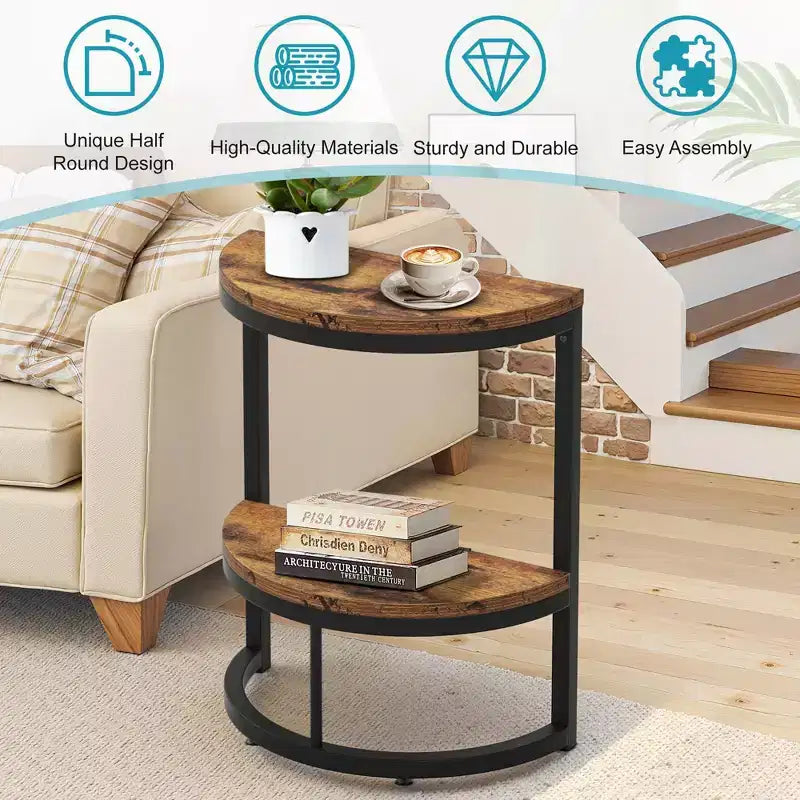 TUYOHW Table d'appoint demi-lune, petite table d'appoint minimaliste pour canapé et chevet, hauteur 60 cm, marron+noir