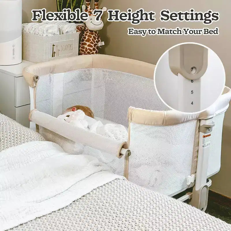 Fodoss Lit bébé cododo avec roulettes, 7 hauteurs réglables, Beige (JAUNE)
