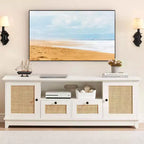 Rattan TV Stand, Modern Entertainment Center for 65/70 in TV, White Media Center with 2 Drawers and 2 Cabinets with Adjustable Shelf, for Living Room