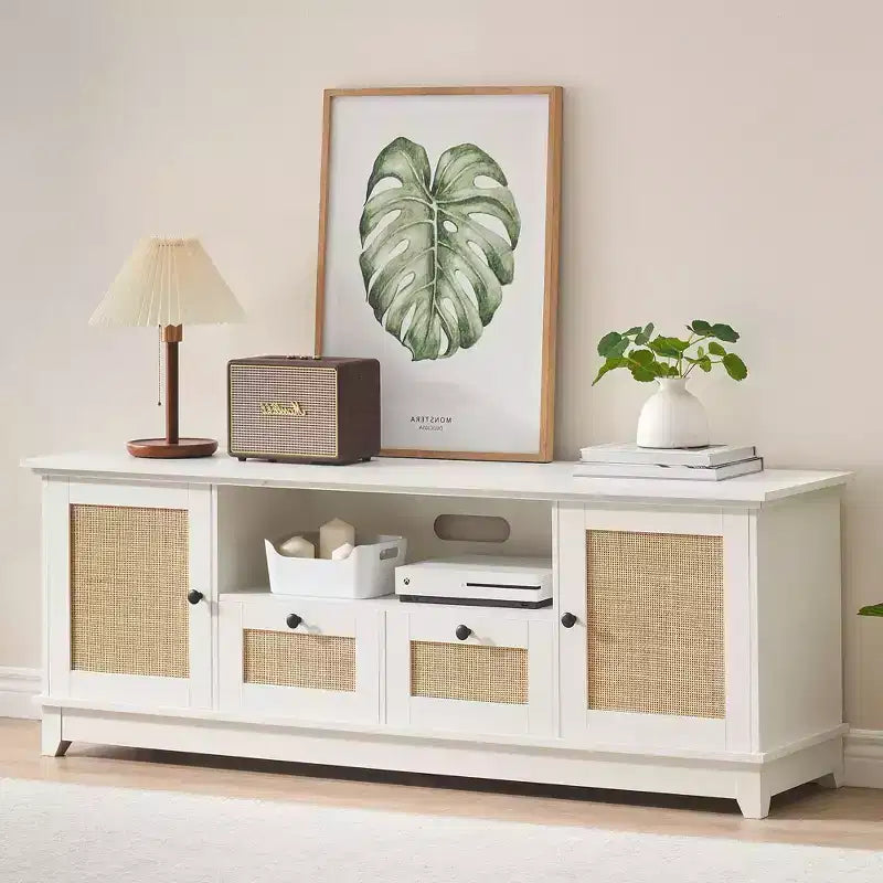 Meuble TV en rotin, meuble de divertissement moderne pour TV 65/70 pouces, meuble média blanc avec 2 tiroirs et 2 placards avec étagère réglable, pour salon