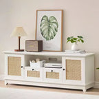 Meuble TV en rotin, meuble de divertissement moderne pour TV 65/70 pouces, meuble média blanc avec 2 tiroirs et 2 placards avec étagère réglable, pour salon