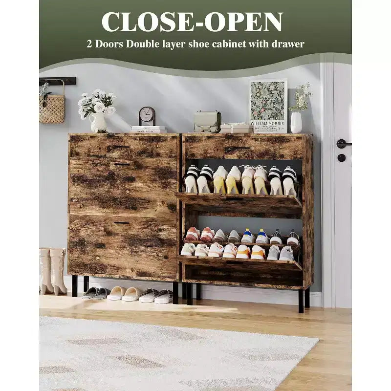 COZONY Meuble à chaussures étroit peu encombrant pour entrée, double tiroir pivotant, organisateur de chaussures autoportant, étagères réglables à 3 niveaux, rangement pour buanderie