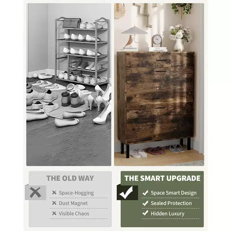 COZONY Meuble à chaussures étroit peu encombrant pour entrée, double tiroir pivotant, organisateur de chaussures autoportant, étagères réglables à 3 niveaux, rangement pour buanderie