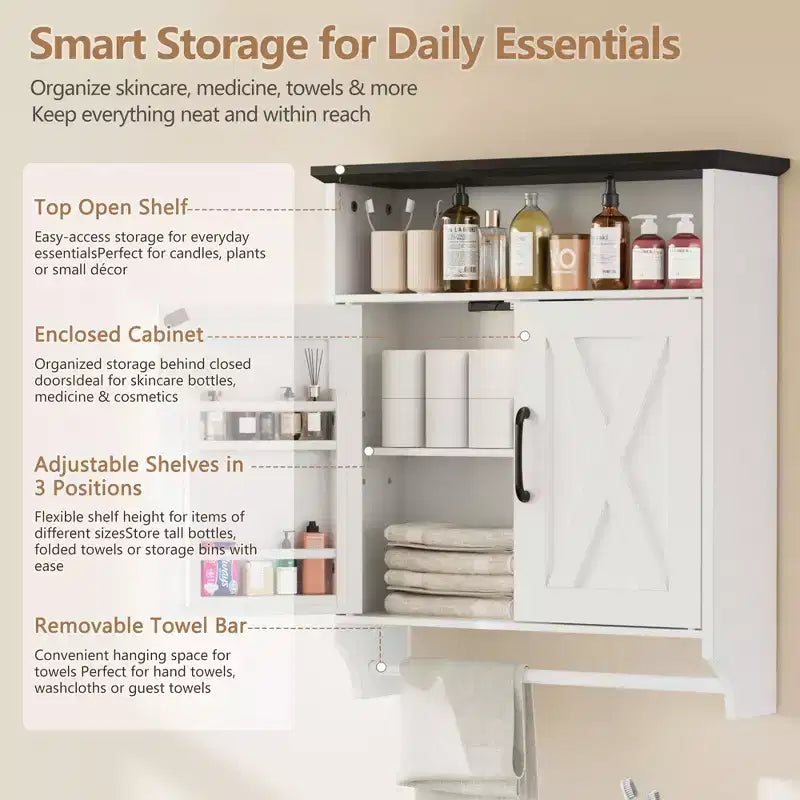 Meuble haut de salle de bain VECELO avec éclairage à détecteur, armoire à pharmacie murale avec étagères de rangement et porte-serviettes pour salle de bain ou buanderie, blanc