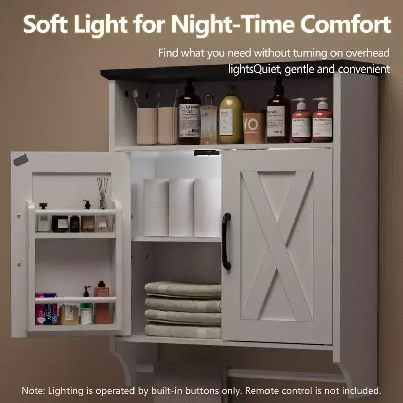Meuble haut de salle de bain VECELO avec éclairage à détecteur, armoire à pharmacie murale avec étagères de rangement et porte-serviettes pour salle de bain ou buanderie, blanc