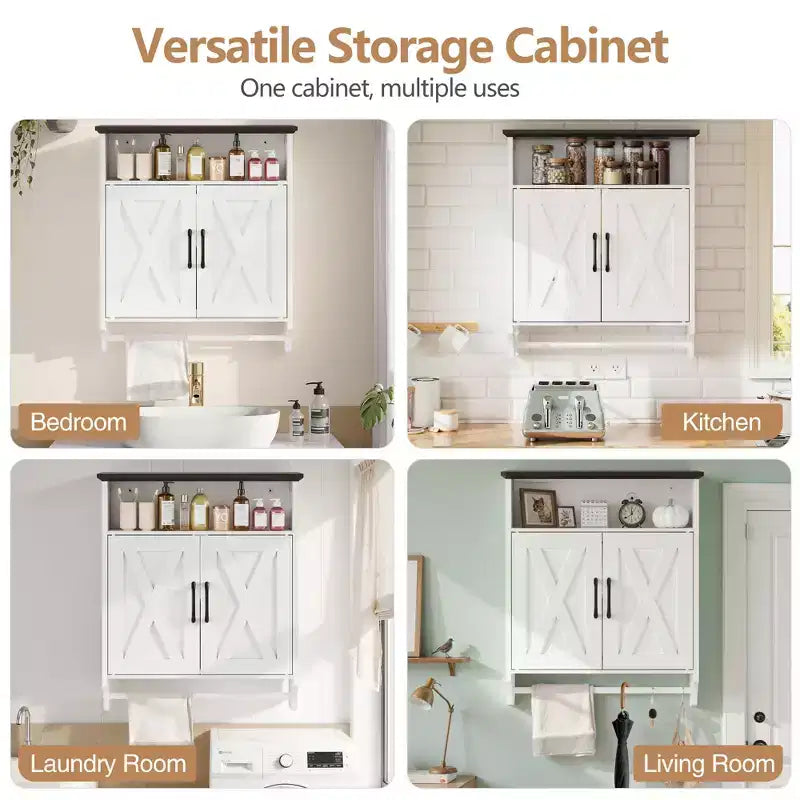 Meuble haut de salle de bain VECELO avec éclairage à détecteur, armoire à pharmacie murale avec étagères de rangement et porte-serviettes pour salle de bain ou buanderie, blanc