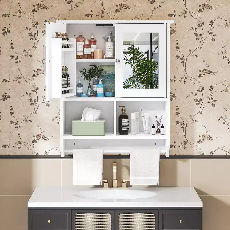 Meuble haut de salle de bain VECELO avec éclairage à détecteur, armoire à pharmacie murale avec étagères de rangement et porte-serviettes pour salle de bain ou buanderie, blanc