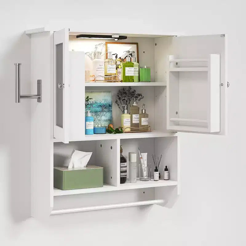 Meuble haut de salle de bain VECELO avec éclairage à détecteur, armoire à pharmacie murale avec étagères de rangement et porte-serviettes pour salle de bain ou buanderie, blanc
