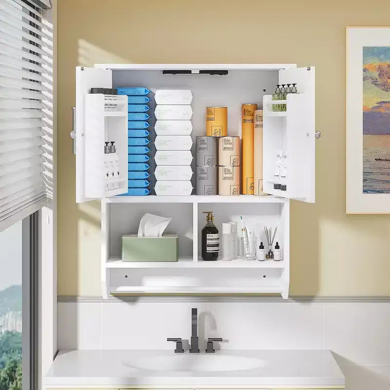 Meuble haut de salle de bain VECELO avec éclairage à détecteur, armoire à pharmacie murale avec étagères de rangement et porte-serviettes pour salle de bain ou buanderie, blanc