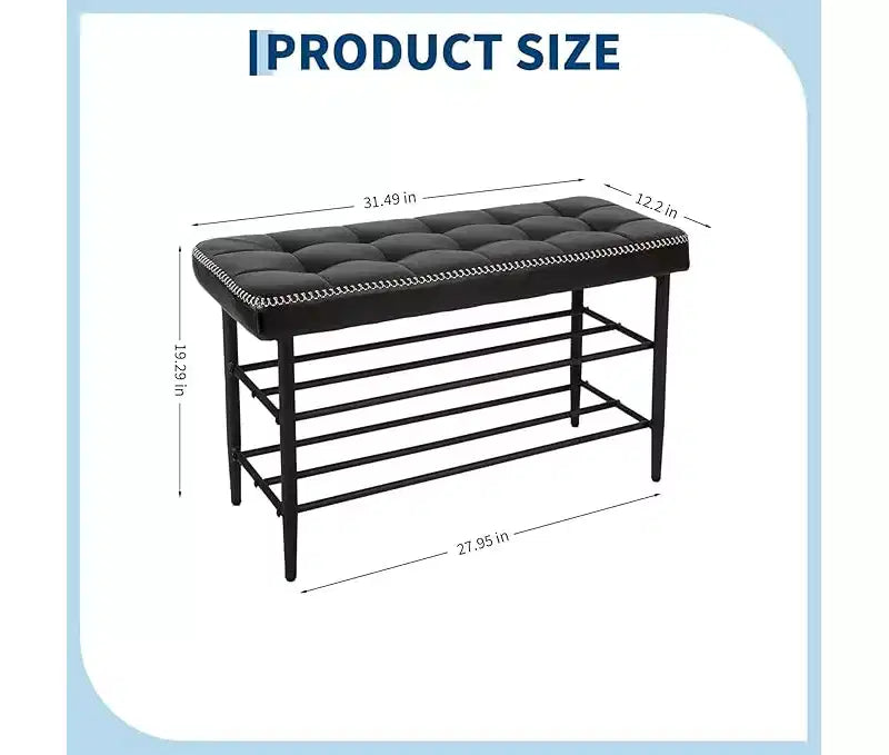 Banc porte-chaussures, banc de rangement de style Mid-Century Modern pour entrée, en cuir ciré avec détails de coutures, capacité de charge de 136 kg, finition noir ciré