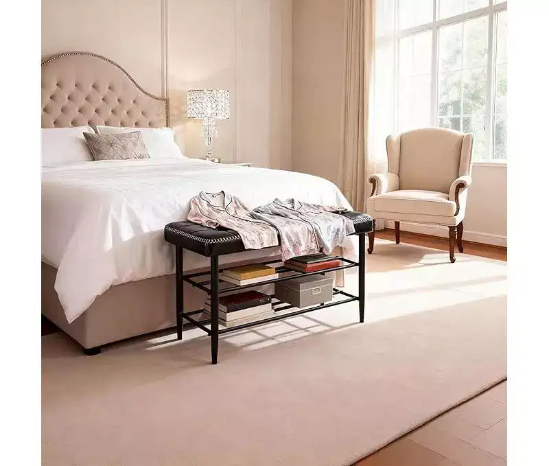 Banc porte-chaussures, banc de rangement de style Mid-Century Modern pour entrée, en cuir ciré avec détails de coutures, capacité de charge de 136 kg, finition noir ciré