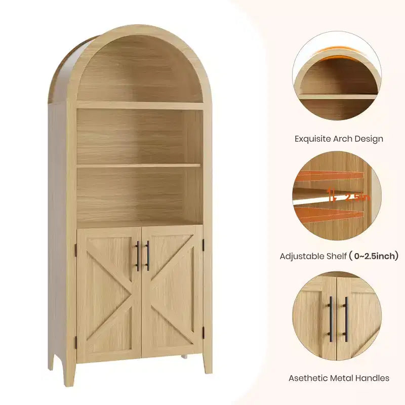 Bibliothèque arquée avec portes - Étagère de présentation ouverte à 5 niveaux, Meuble de rangement moderne pour bureau à domicile, salon, bibliothèque