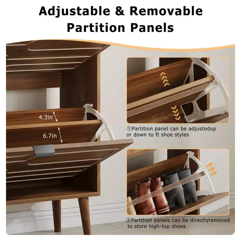 Meuble à chaussures autoportant moderne du milieu du siècle JVNOXK de 60 cm, style balustrade avec 2 tiroirs basculants, idéal pour les couloirs et les entrées, Noyer