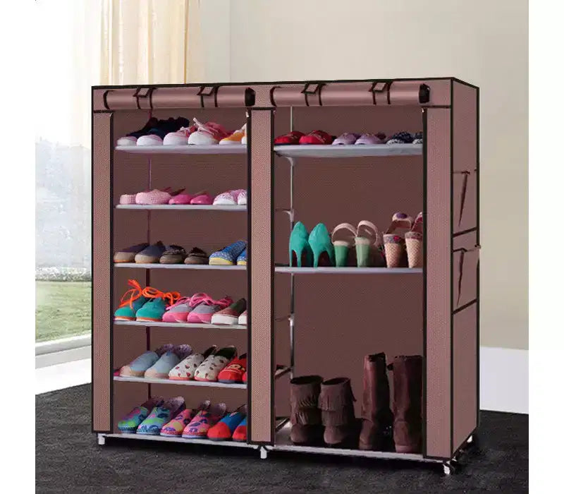 Meuble à chaussures combiné, style 9 grilles, double rangée, café
