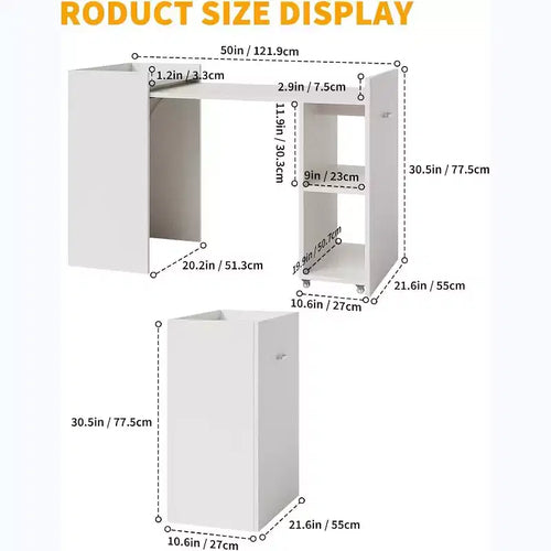 Acekool Bureau informatique pliant 50 avec étagère et roulettes, Table d'écriture de bureau à domicile avec rangement pour chambre ou bureau d'étude