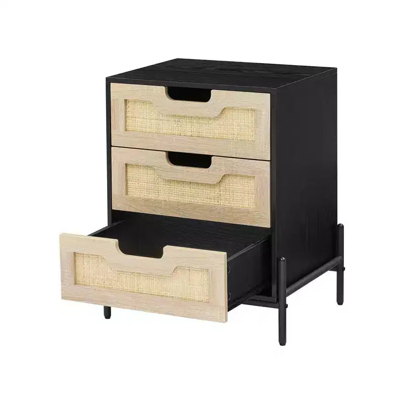 Rustic Nightstand w/ 3 Rattan Drawers. Mid- Side Table w/ Metal Legs. Black & Oak