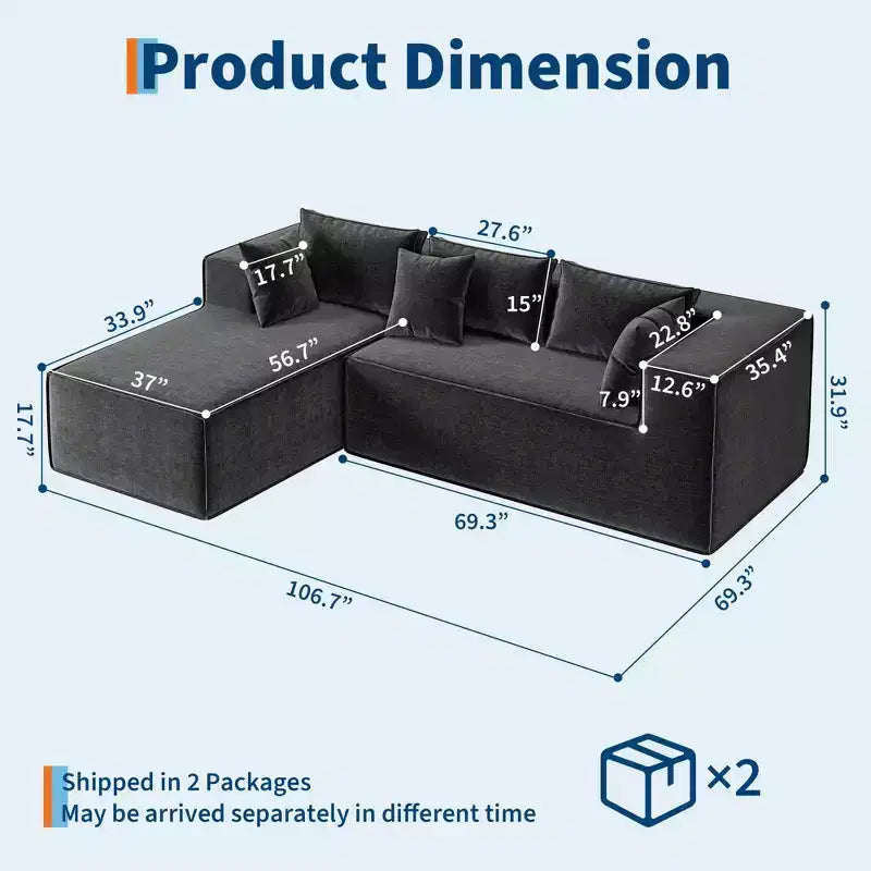 106.7Canapé sectionnel, Canapés modulables Cloud avec méridienne, Canapés sectionnels en polyester en forme de L, Canapé moderne rembourré avec assise profonde