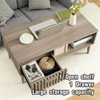 Table basse, table centrale de 100 cm avec tiroir de rangement, étagère ouverte, table basse rectangulaire avec pieds en bois pour salon, assemblage facile