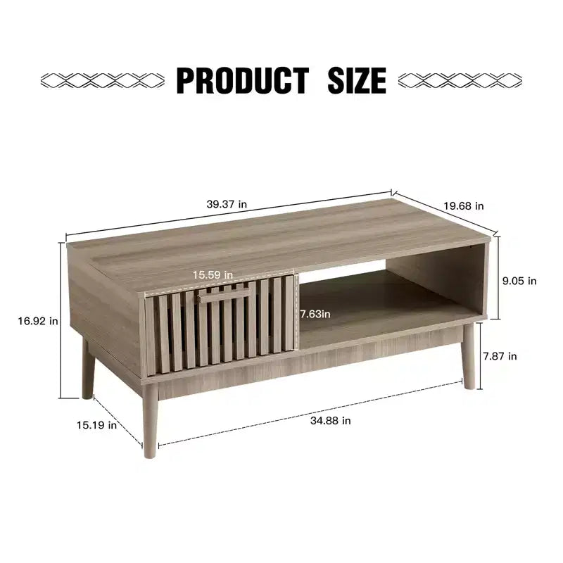 Table basse, table centrale de 100 cm avec tiroir de rangement, étagère ouverte, table basse rectangulaire avec pieds en bois pour salon, assemblage facile