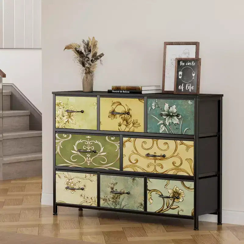 Commode large à 8 tiroirs, en tissu, plateau en bois rustique, cadre en métal industriel, grande unité de rangement, chambre à coucher, salon, placard