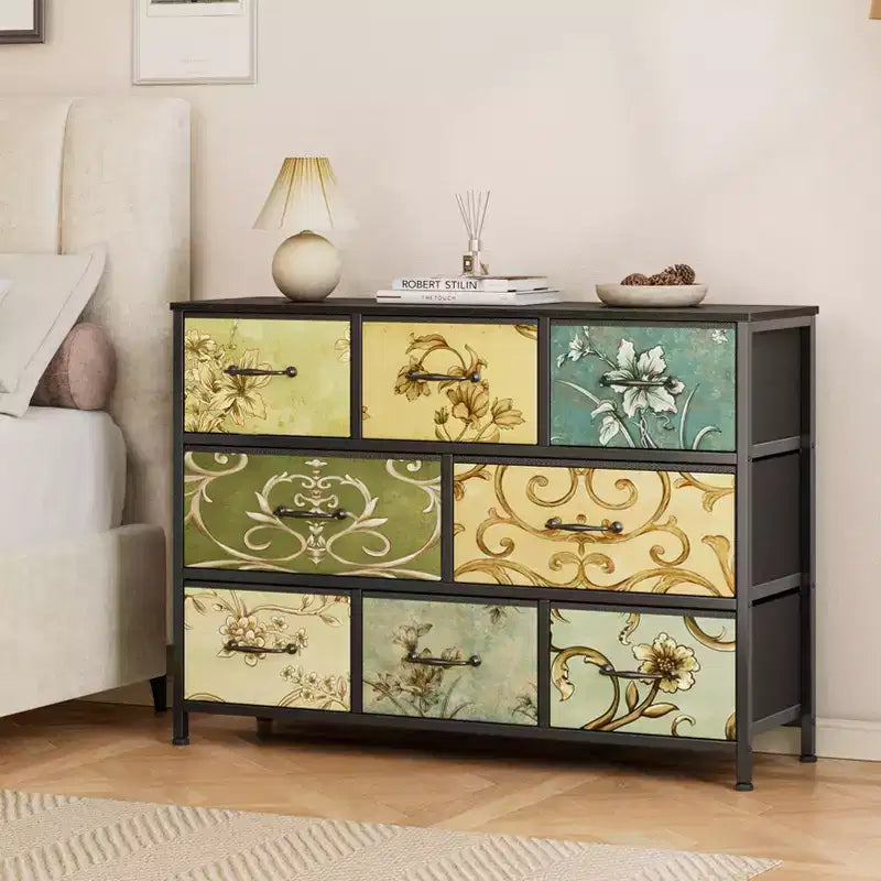 Commode large à 8 tiroirs, en tissu, plateau en bois rustique, cadre en métal industriel, grande unité de rangement, chambre à coucher, salon, placard