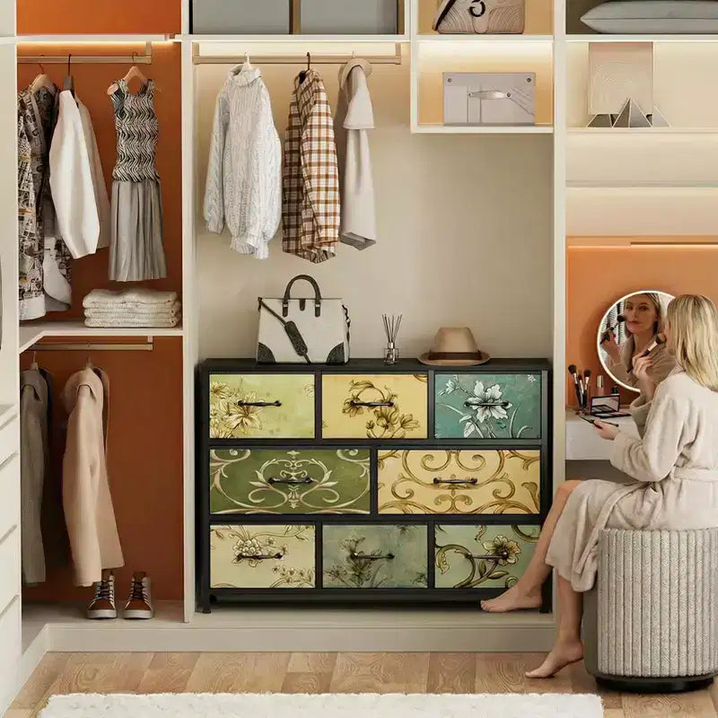 Commode large à 8 tiroirs, en tissu, plateau en bois rustique, cadre en métal industriel, grande unité de rangement, chambre à coucher, salon, placard