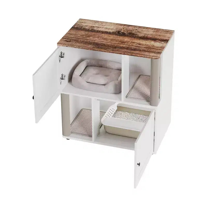 Meuble de litière double pour chat en bois moderne avec poteaux à griffer et rangement caché, table d'appoint intérieure pour 2 chats