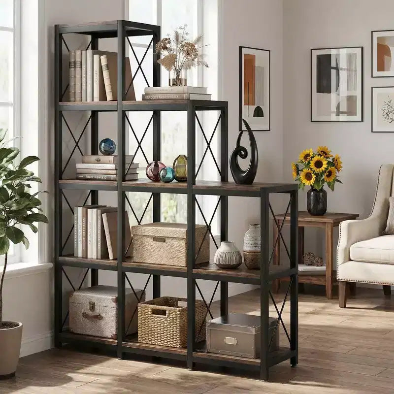 MAYEERTY 9-Cube Stepped Corner Bookcase, Staircase-Style L-Shaped Etagere Shelves