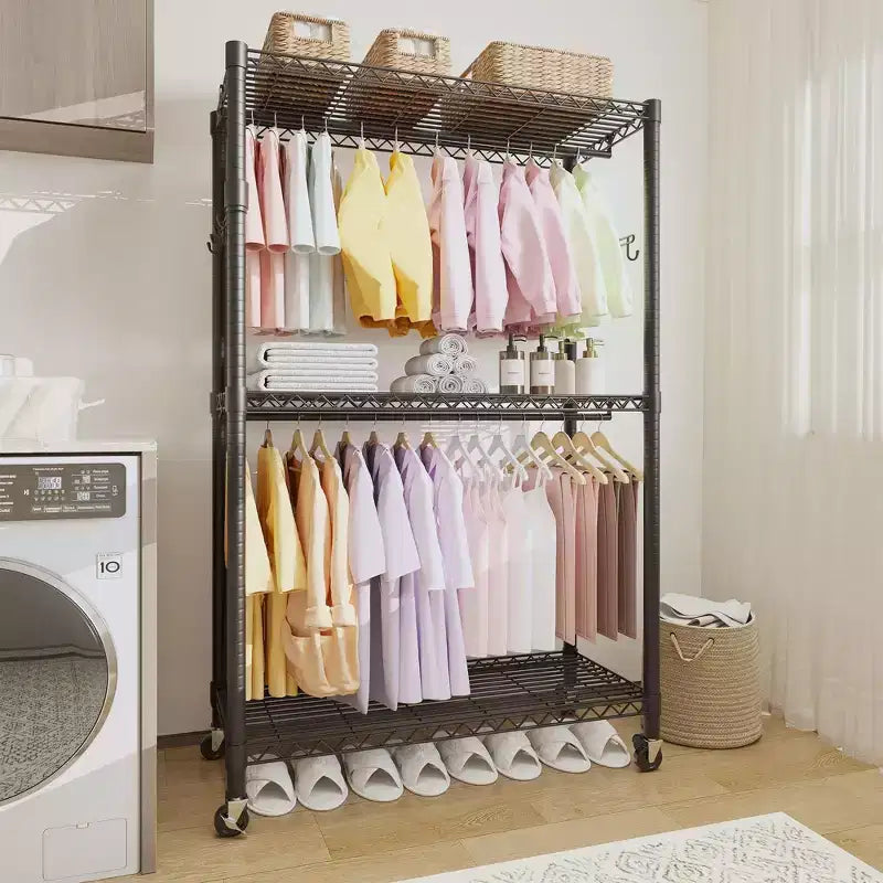 Portant à vêtements roulant à 3 niveaux COZONY - Organiseur de vêtements en métal robuste avec deux tringles et étagères
