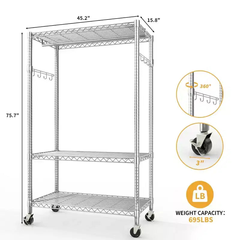 Portant à vêtements roulant à 3 niveaux COZONY - Organiseur de vêtements en métal robuste avec deux tringles et étagères