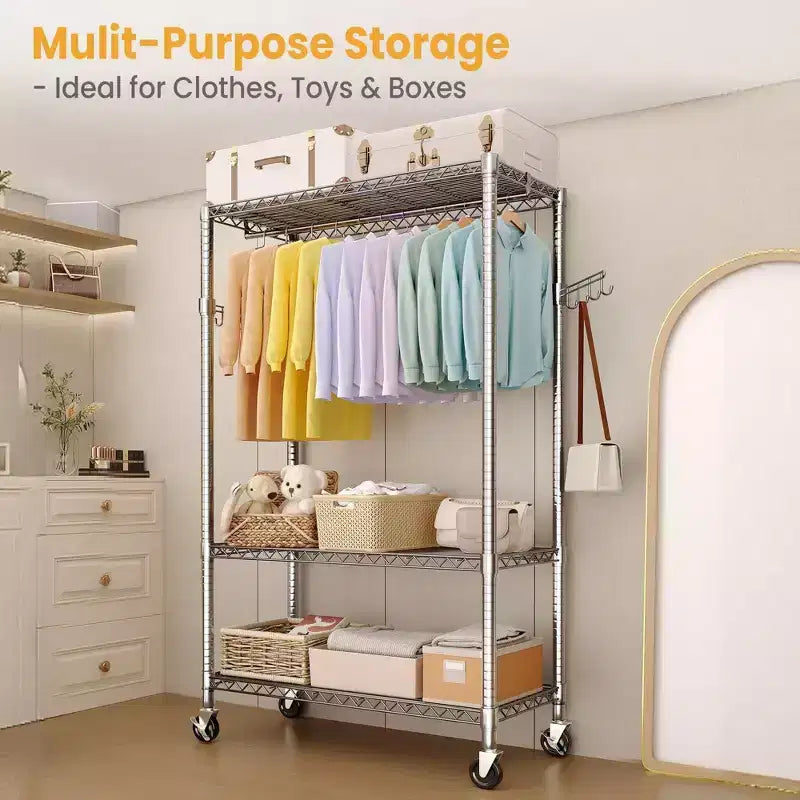 Portant à vêtements roulant à 3 niveaux COZONY - Organiseur de vêtements en métal robuste avec deux tringles et étagères