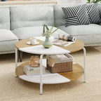 Costway Table basse ronde à 2 niveaux avec étagère de rangement et cadre en métal pour salon/appartement, blanc et marron